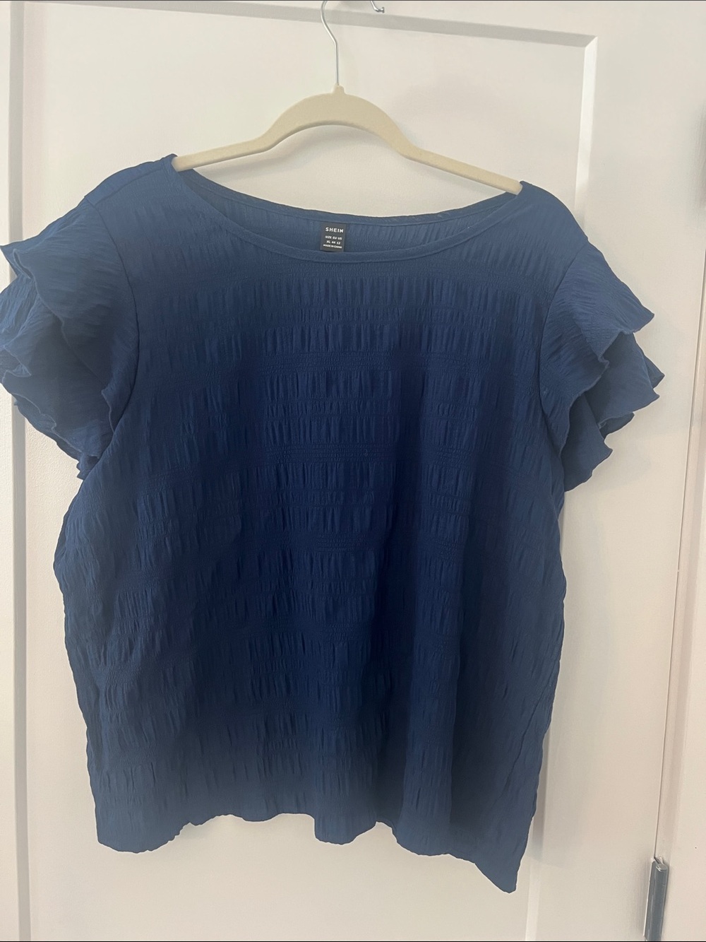 SHEIN Navy Blue Ruffle Sleeve Textured Blouse